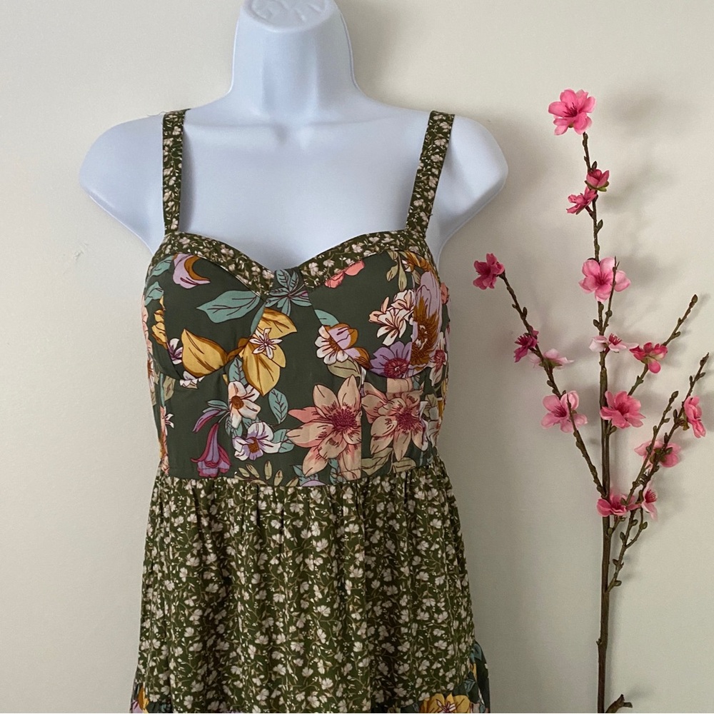 Olive Green Floral Maxi Dress with Tiered Skirt - Picture 8 of 11